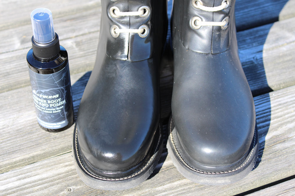 Rubber boots before and after care with Viking Rubber Boot Care.